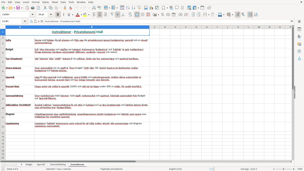 Skärmbild 4: fliken Instruktioner - Excelmall privatekonomi excel mall