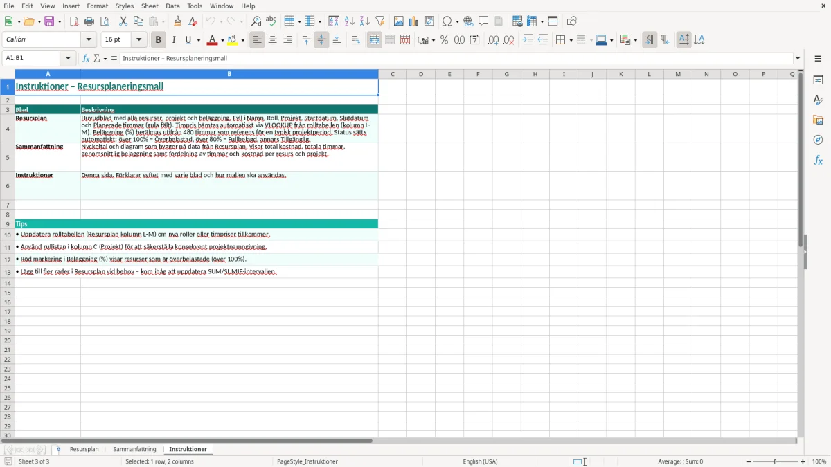 Skärmbild 3: fliken Instruktioner - Excelmall resursplanering excel mall