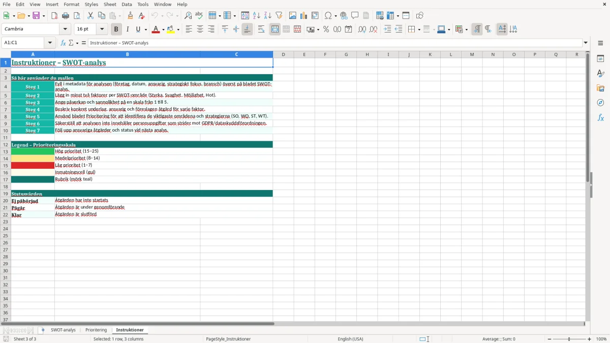 Skärmbild 3: fliken Instruktioner - Excelmall swot analys excel mall
