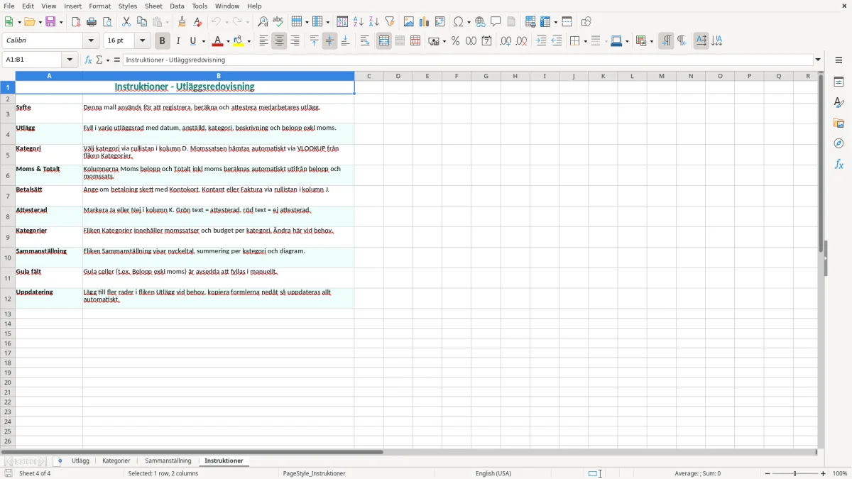 Skärmbild 4: fliken Instruktioner - Excelmall utläggsredovisning excel mall