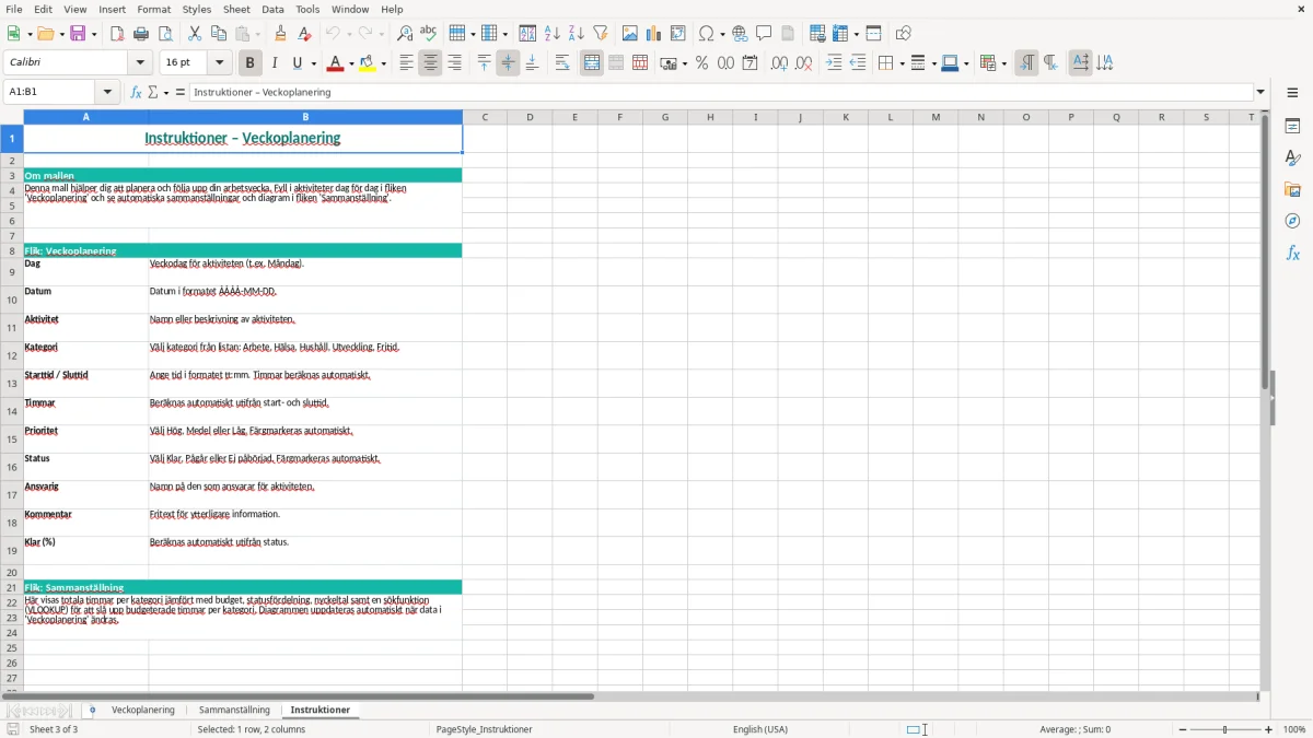 Skärmbild 3: fliken Instruktioner - Excelmall veckoplanering excel mall
