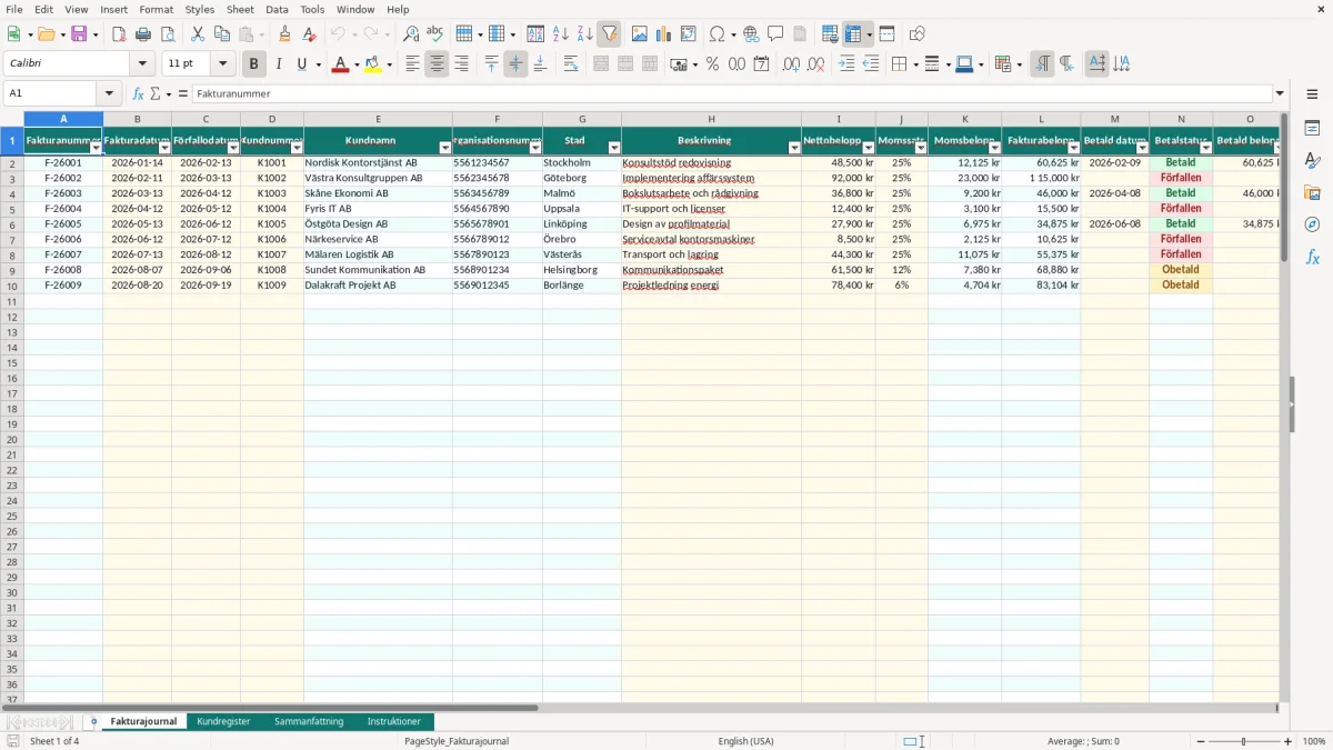 Skärmbild 1: fliken Fakturajournal - Excelmall fakturajournal excel mall