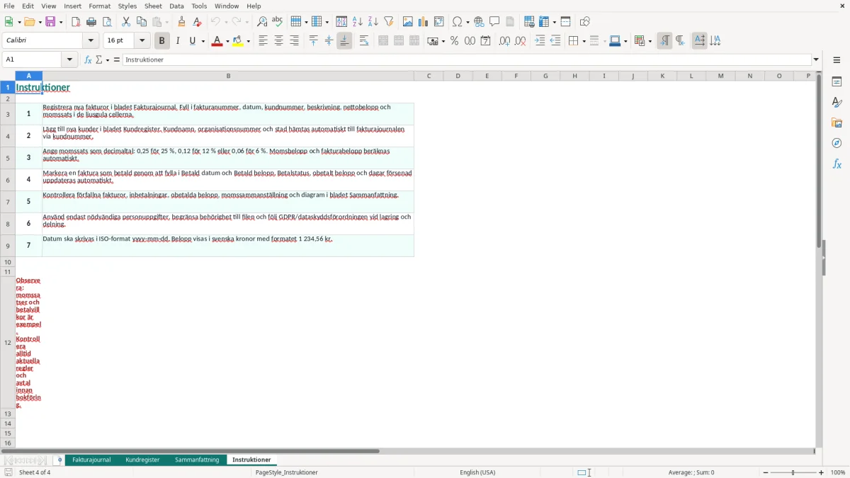 Skärmbild 4: fliken Instruktioner - Excelmall fakturajournal excel mall