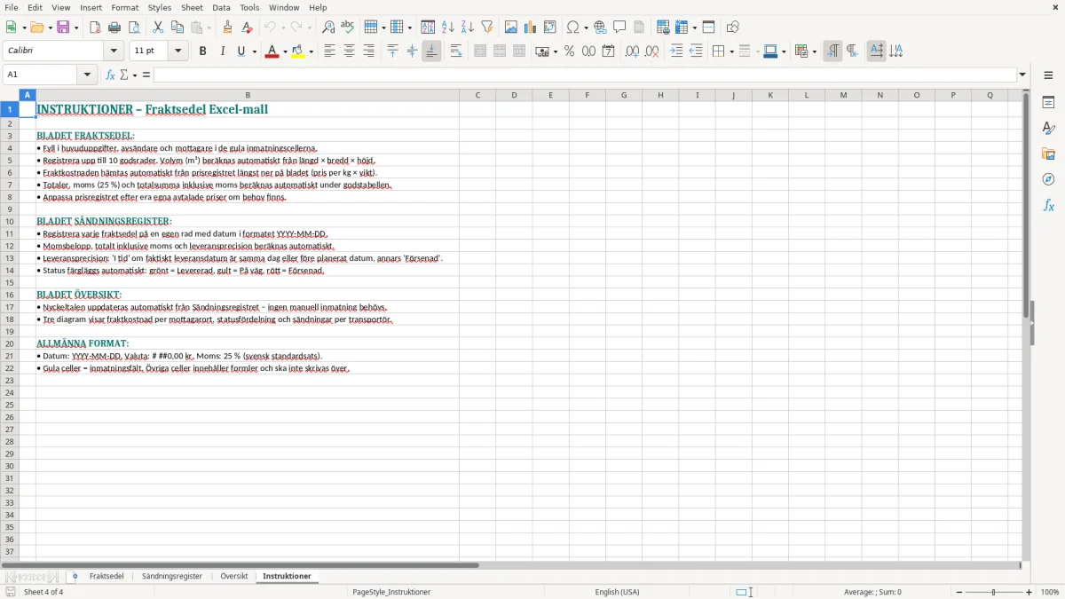 Skärmbild 4: fliken Instruktioner - Excelmall fraktsedel excel mall
