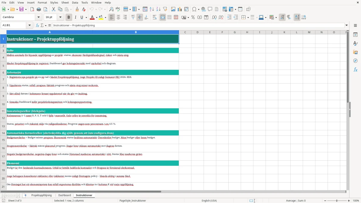 Skärmbild 3: fliken Instruktioner - Excelmall projektuppföljning excel mall