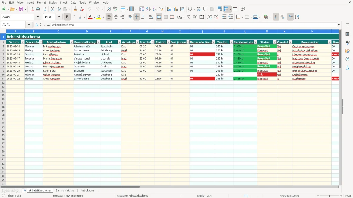 Skärmbild 1: fliken Arbetstidsschema - Excelmall arbetstidsschema excel mall