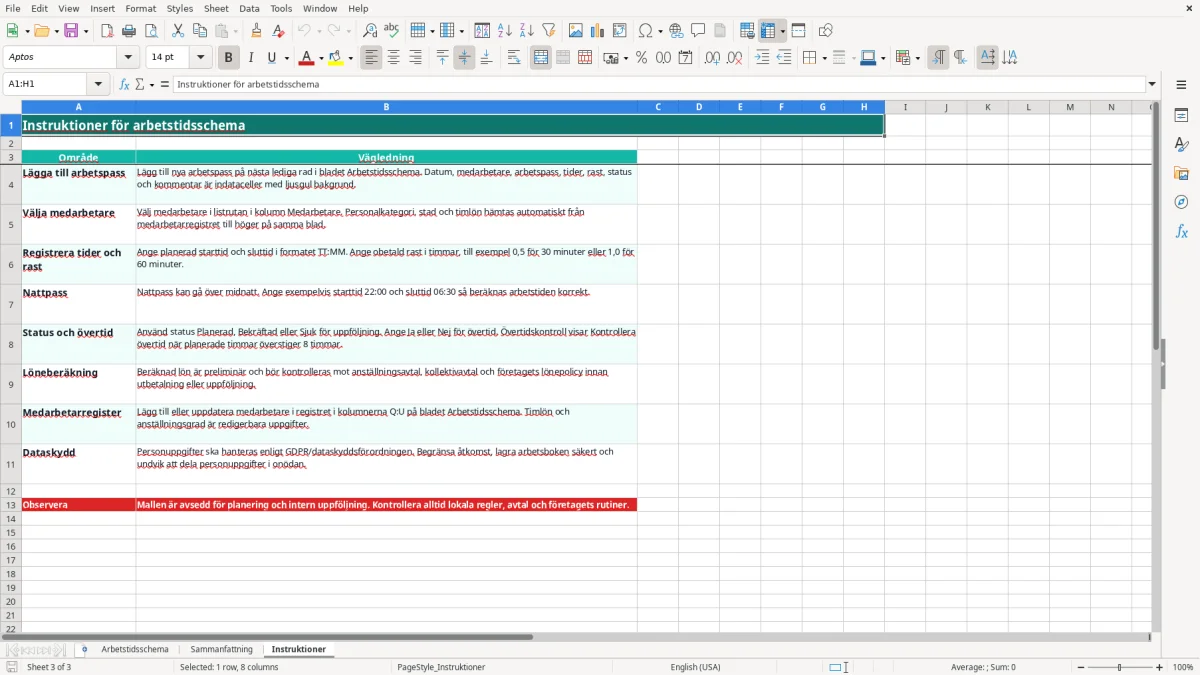 Skärmbild 3: fliken Instruktioner - Excelmall arbetstidsschema excel mall