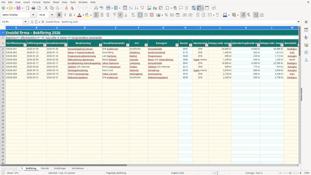 Skärmbild 1: fliken Bokföring - Excelmall enskild firma bokföring excel mall