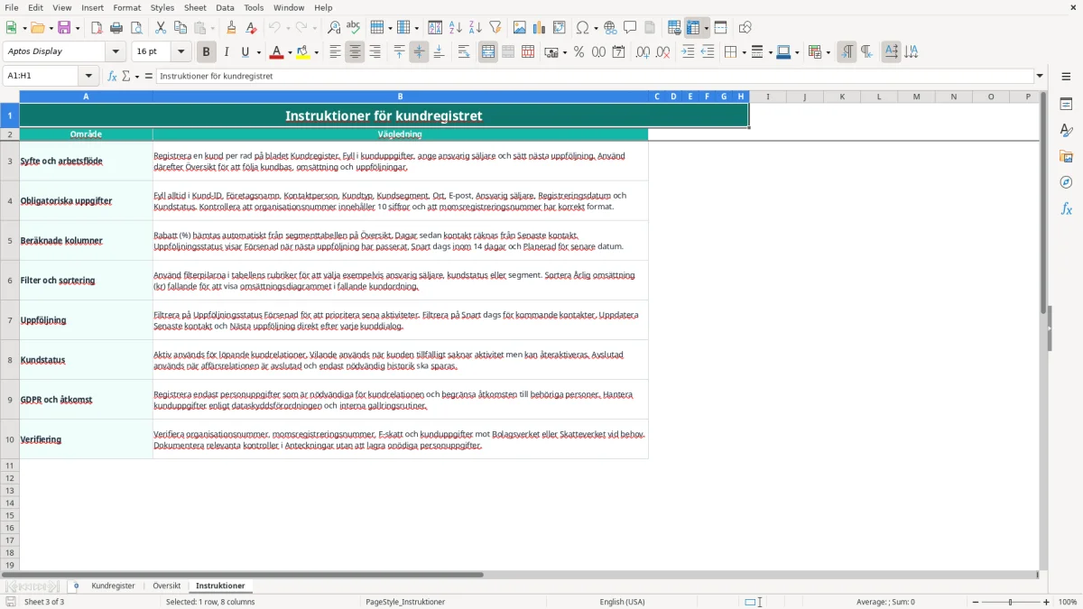 Skärmbild 3: fliken Instruktioner - Excelmall kundregister excel mall