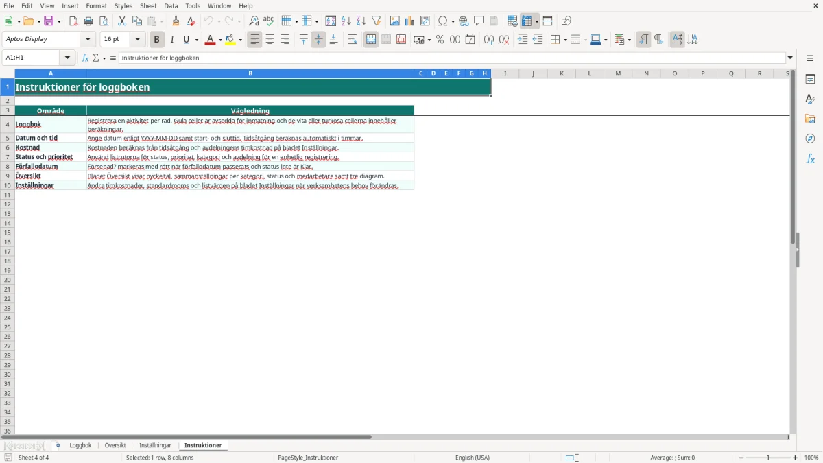 Skärmbild 4: fliken Instruktioner - Excelmall loggbok excel mall