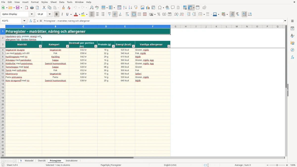 Skärmbild 3: fliken Prisregister - Excelmall matsedel excel mall