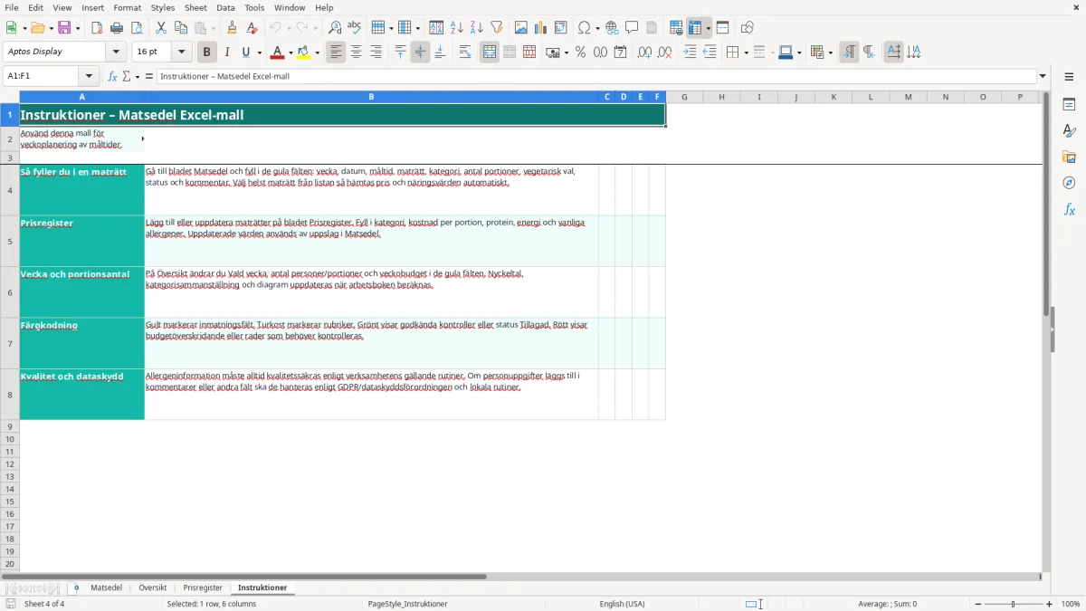 Skärmbild 4: fliken Instruktioner - Excelmall matsedel excel mall