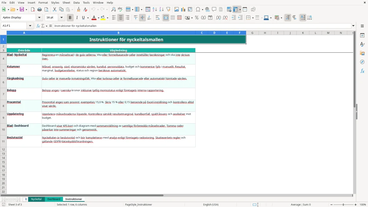 Skärmbild 3: fliken Instruktioner - Excelmall nyckeltal excel mall