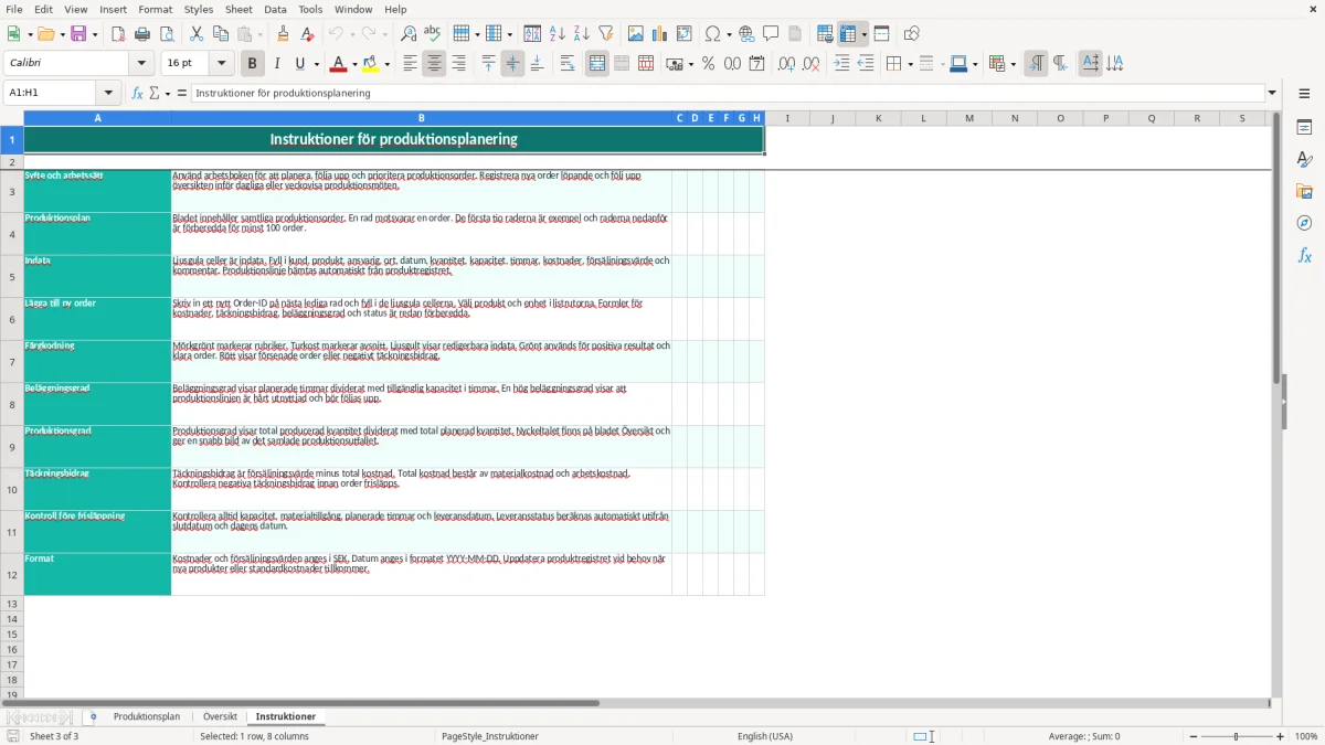 Skärmbild 3: fliken Instruktioner - Excelmall produktionsplanering excel mall