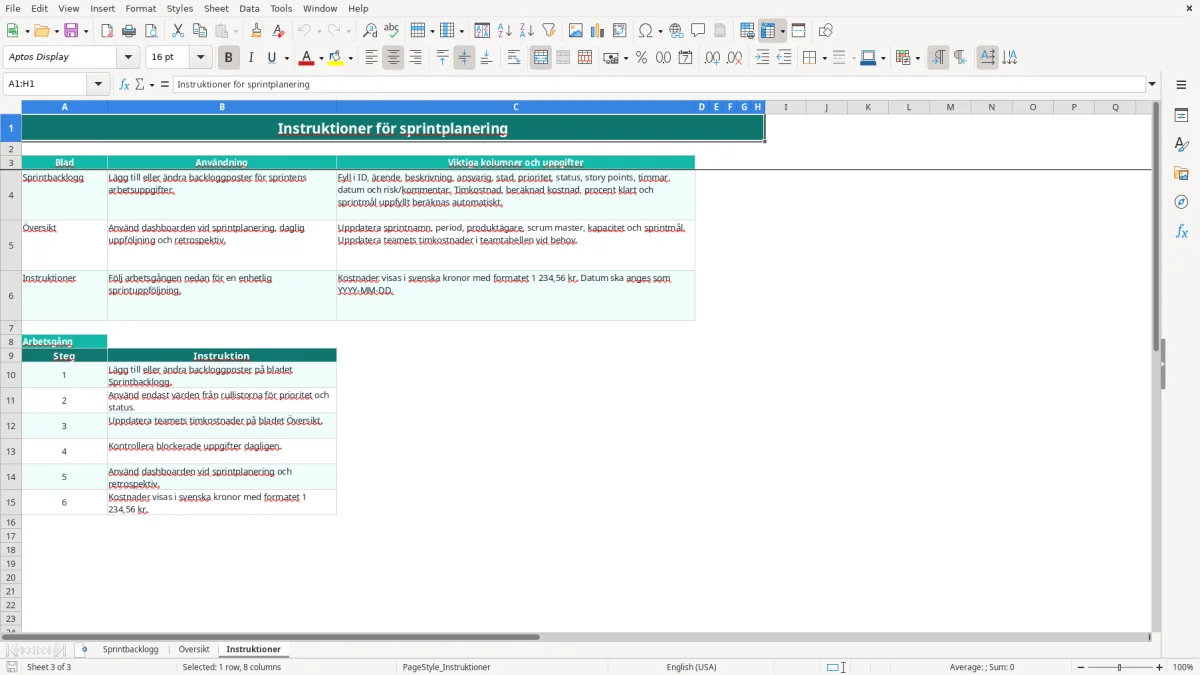 Skärmbild 3: fliken Instruktioner - Excelmall sprintplanering excel mall