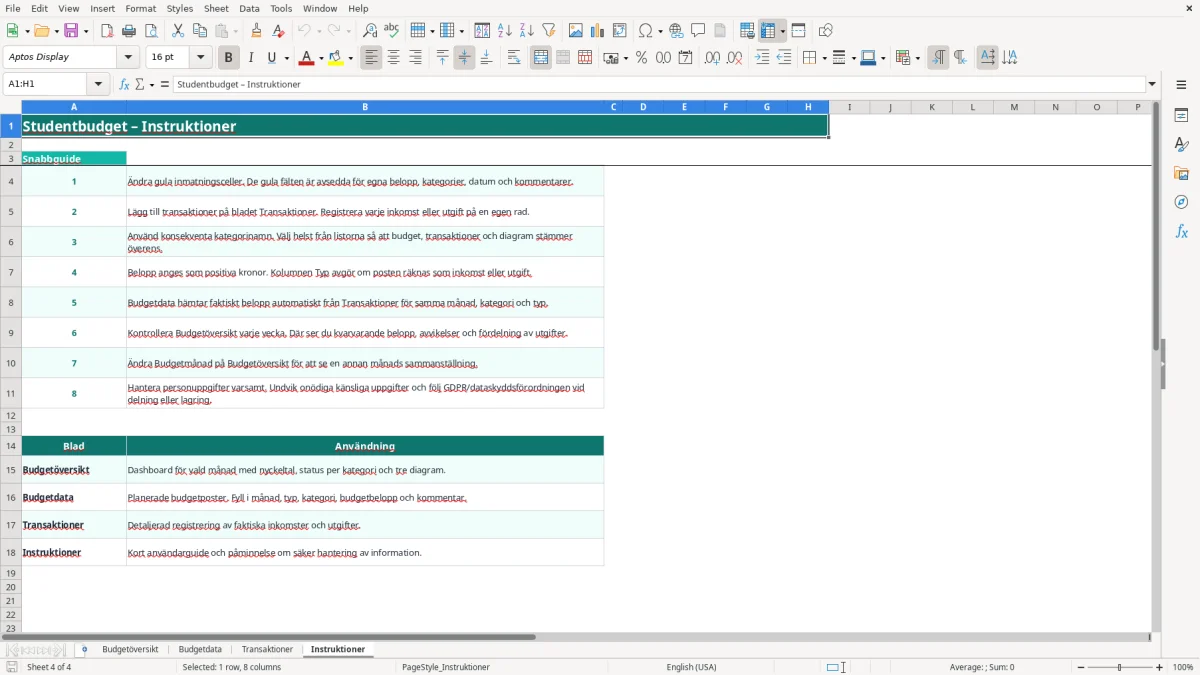 Skärmbild 4: fliken Instruktioner - Excelmall studentbudget excel mall