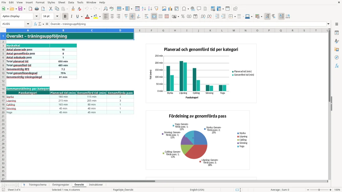 Skärmbild 3: fliken Översikt - Excelmall träningsschema excel mall