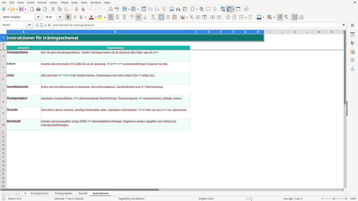 Skärmbild 4: fliken Instruktioner - Excelmall träningsschema excel mall