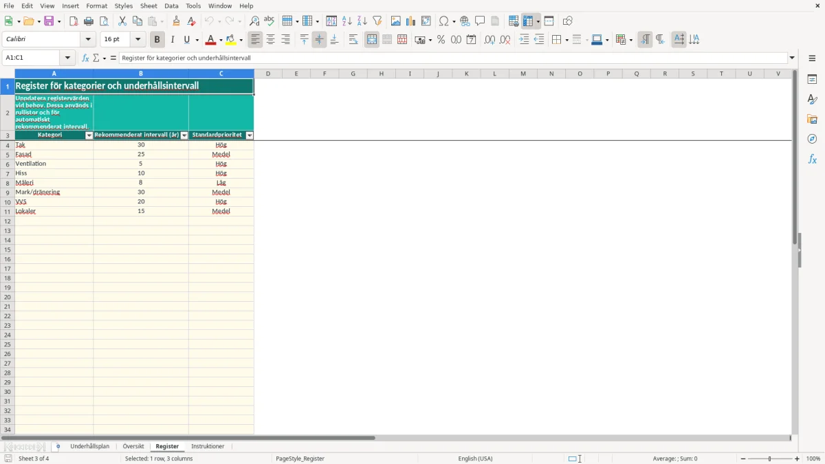 Skärmbild 3: fliken Register - Excelmall underhållsplan excel mall